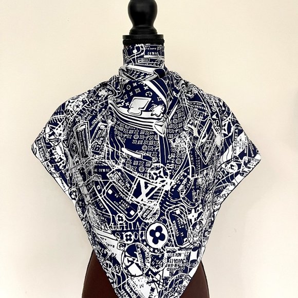 New Louis Vuitton Scarf Luggage Travel Stamps Blue Silk Wrap - Picture 1 of 14